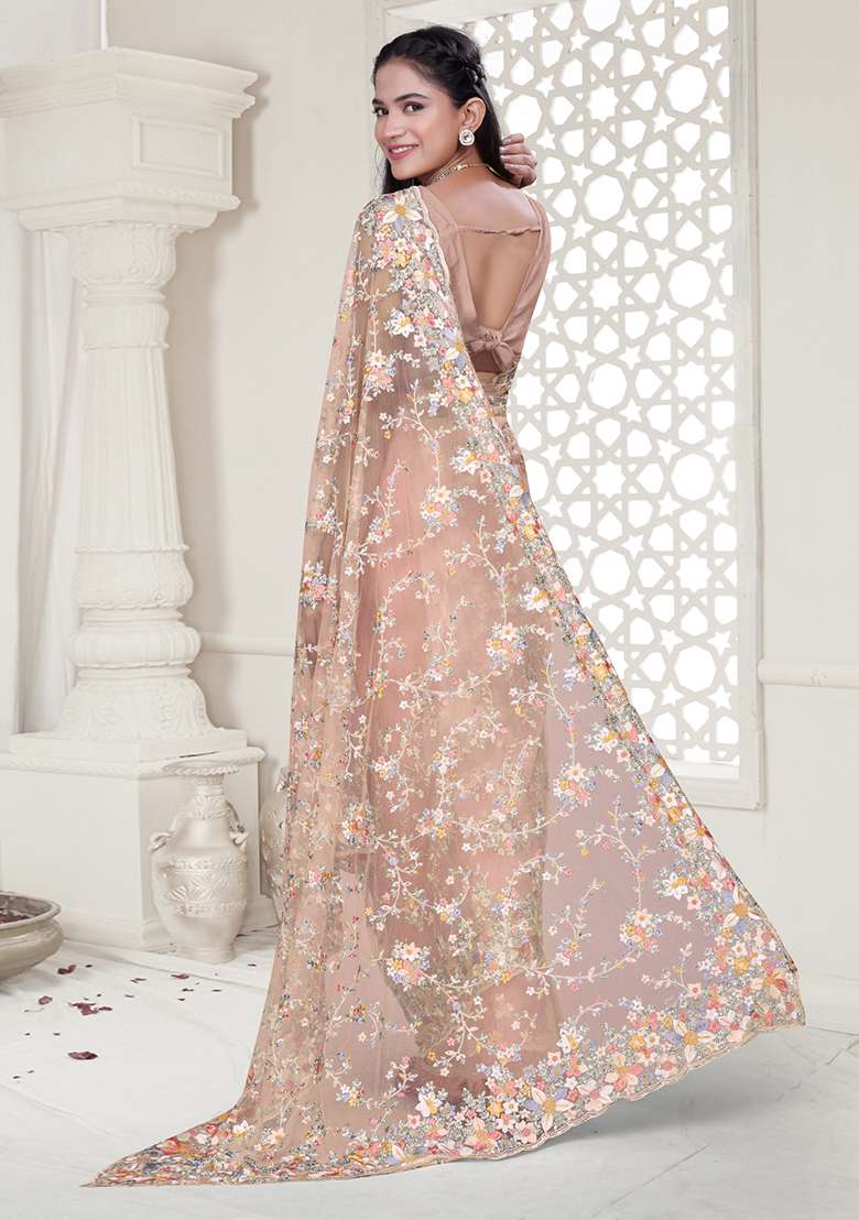 Peach Embroidered Net Saree Set - Indya