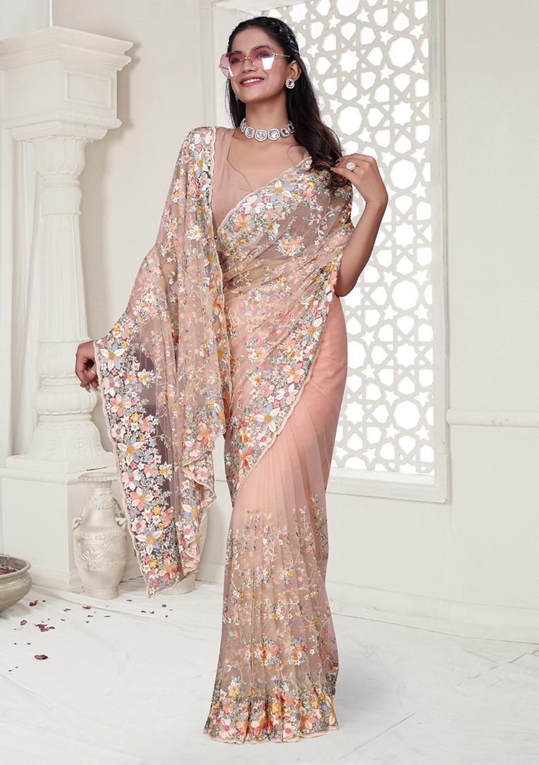Peach Embroidered Net Saree Set - Indya