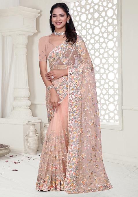 Peach Embroidered Net Saree Set