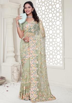Green Embroidered Net Saree Set