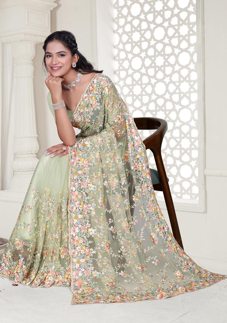 Green Embroidered Net Saree Set - Indya