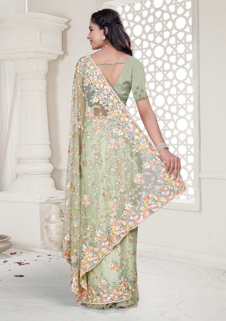Green Embroidered Net Saree Set - Indya