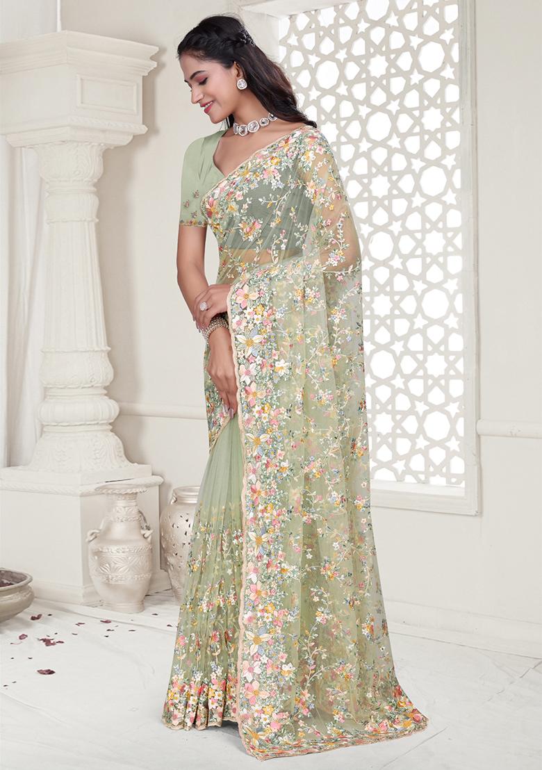 Green Embroidered Net Saree Set - Indya
