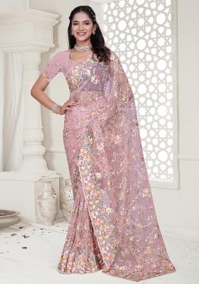 Pink Embroidered Net Saree Set