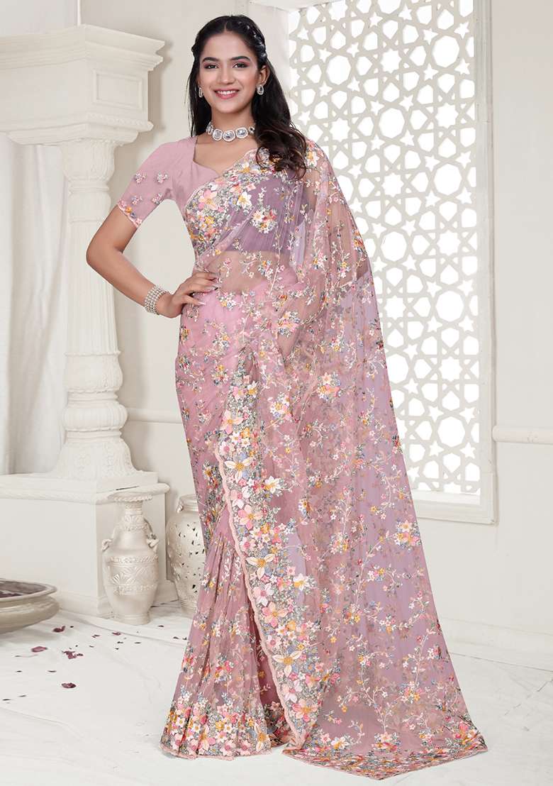 Pink Embroidered Net Saree Set - Indya