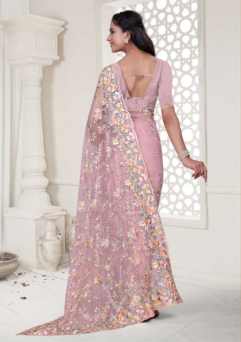 Pink Embroidered Net Saree Set - Indya