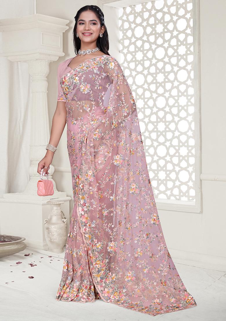 Pink Embroidered Net Saree Set - Indya