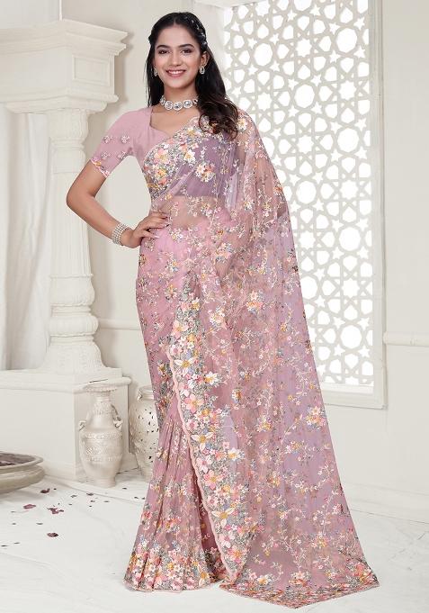 Pink Embroidered Net Saree Set