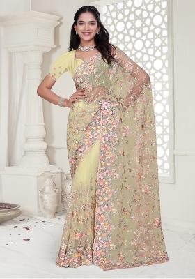 Yellow Embroidered Net Saree Set