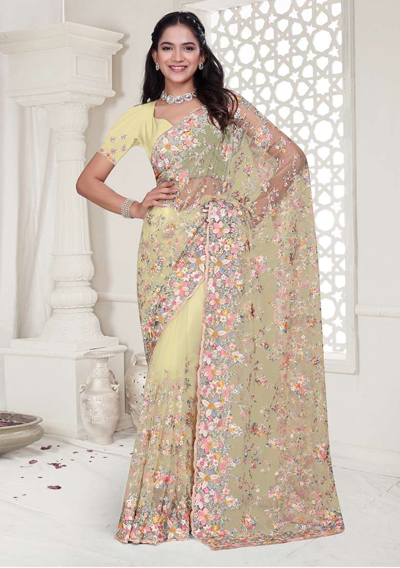 Yellow Embroidered Net Saree Set - Indya