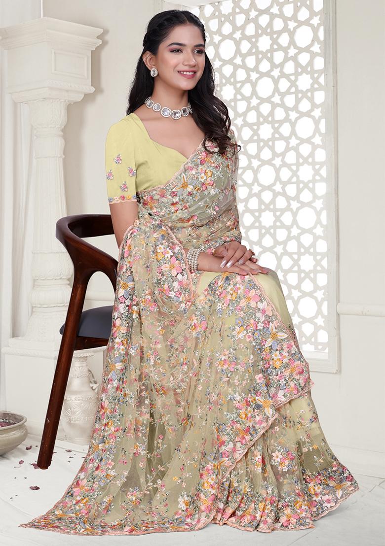 Yellow Embroidered Net Saree Set - Indya