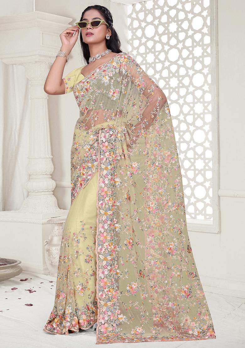 Yellow Embroidered Net Saree Set - Indya
