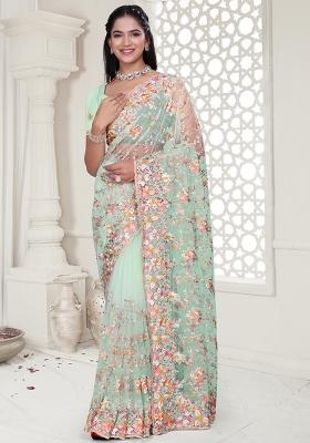 Sea Green Embroidered Net Saree Set