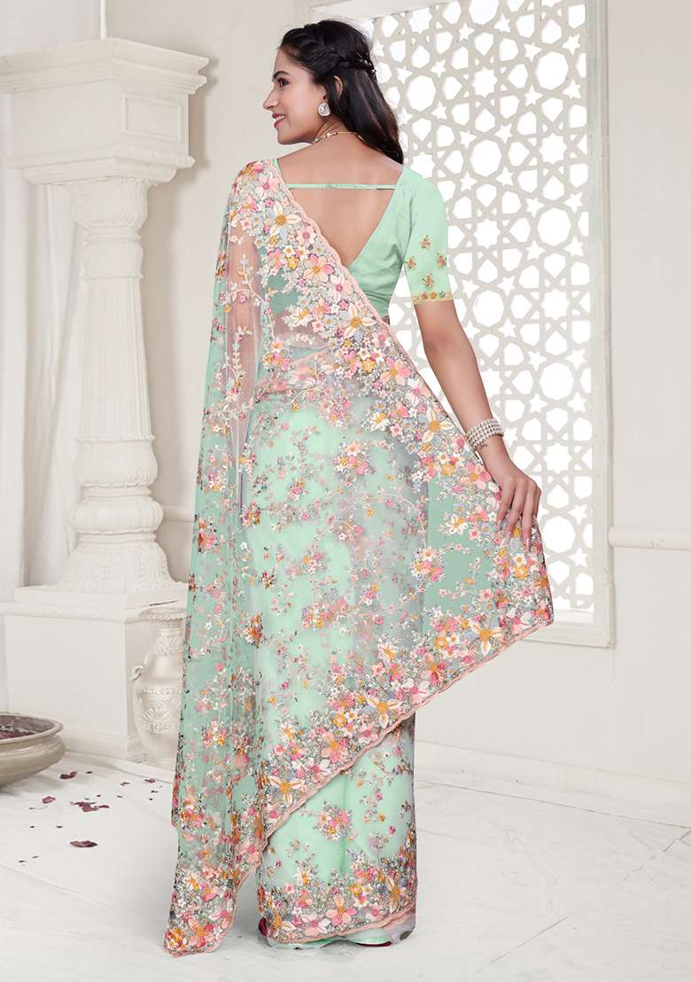 Sea Green Embroidered Net Saree Set - Indya