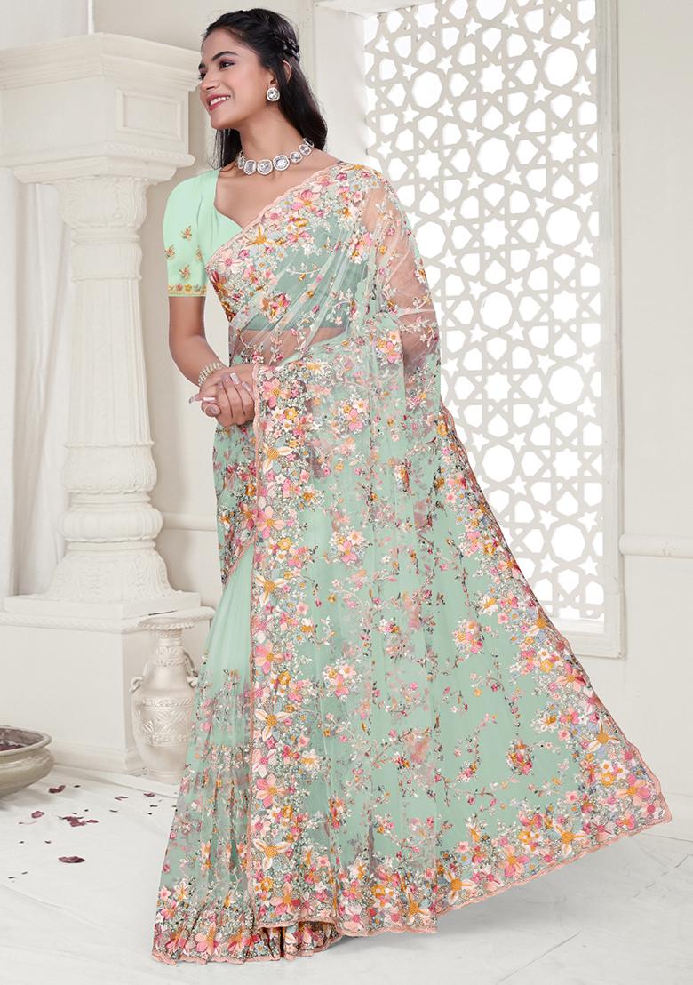 Sea Green Embroidered Net Saree Set - Indya