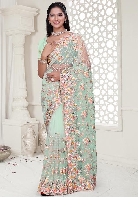 Sea Green Embroidered Net Saree Set