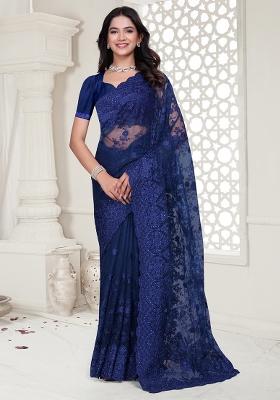 Navy Blue Embroidered Net Saree Set