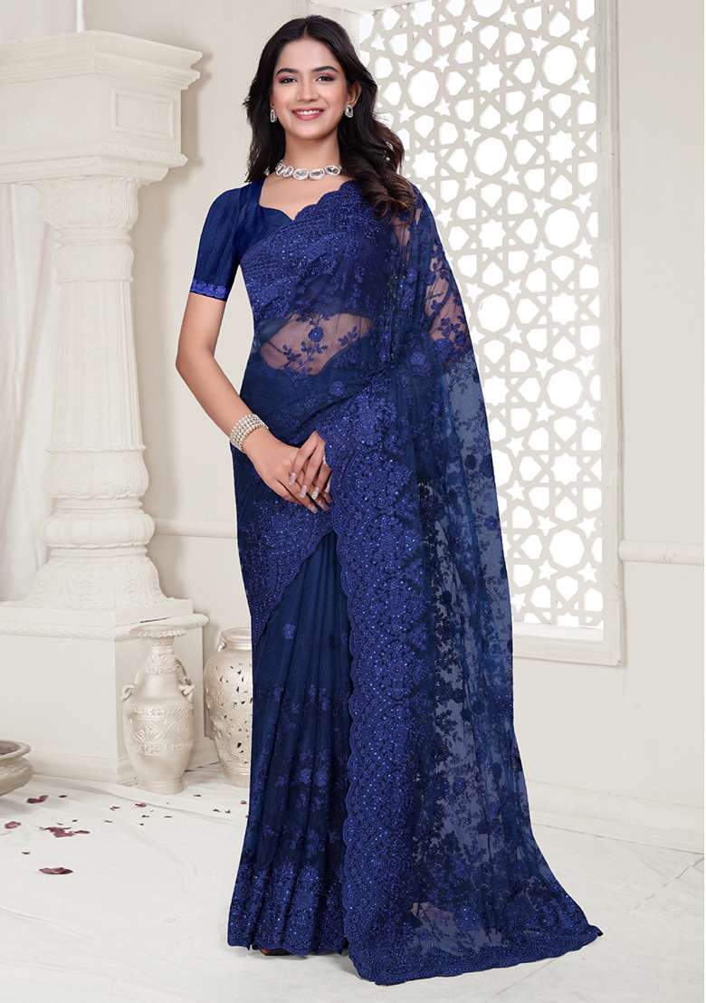 Navy Blue Embroidered Net Saree Set - Indya