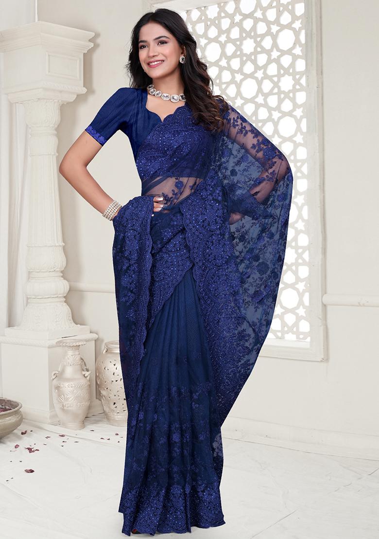 Navy Blue Embroidered Net Saree Set - Indya