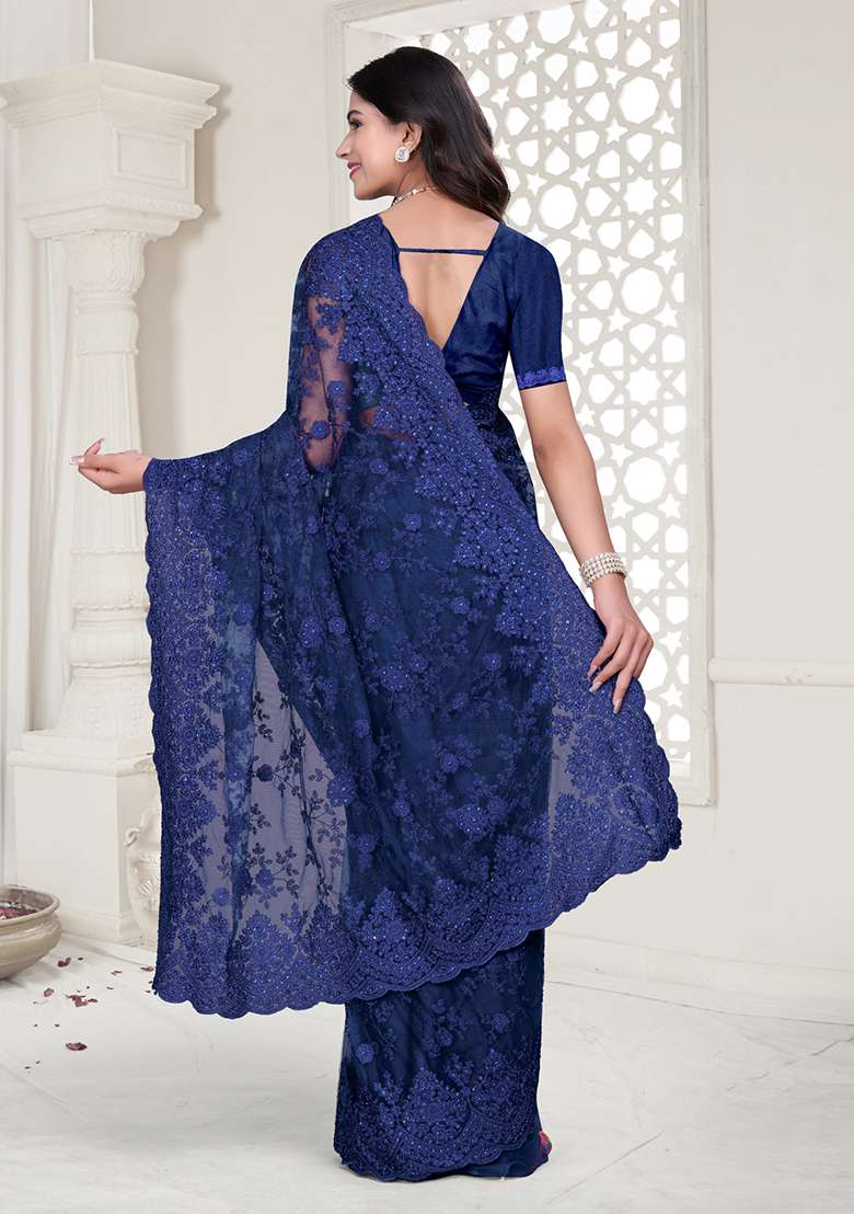 Navy Blue Embroidered Net Saree Set - Indya