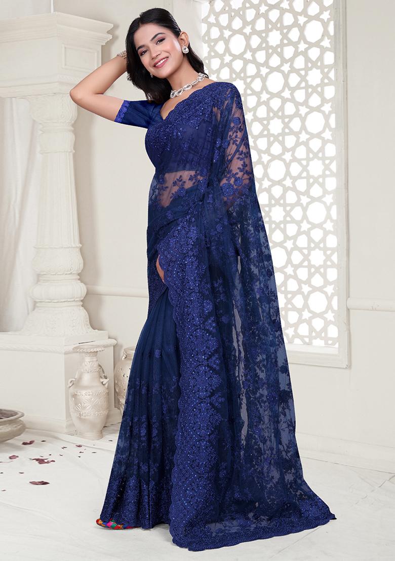 Navy Blue Embroidered Net Saree Set - Indya