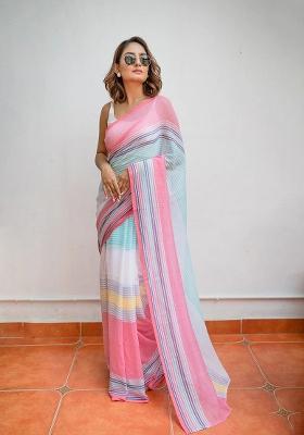 Multicolor Printed Linen Saree Set