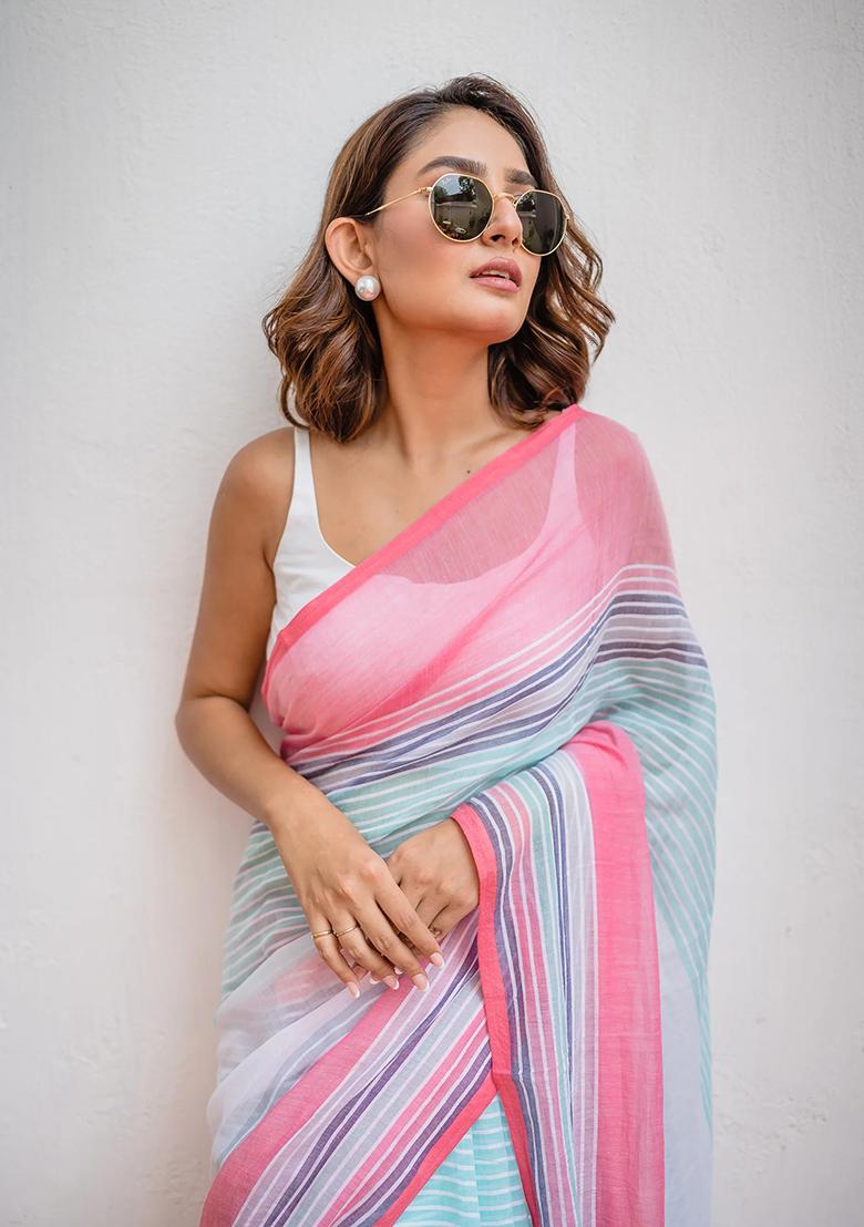 Multicolor Printed Linen Saree Set - Indya