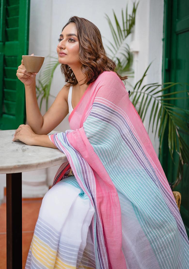 Multicolor Printed Linen Saree Set - Indya