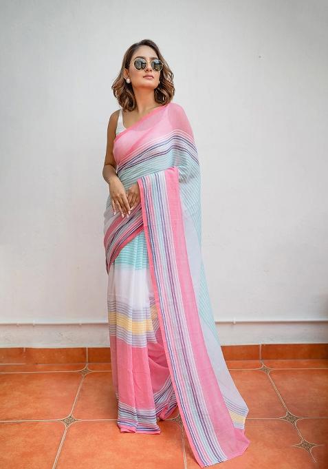 Multicolor Printed Linen Saree Set