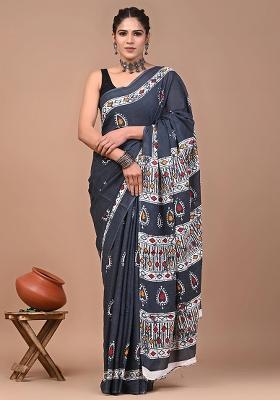 Blue Printed Linen Saree Set
