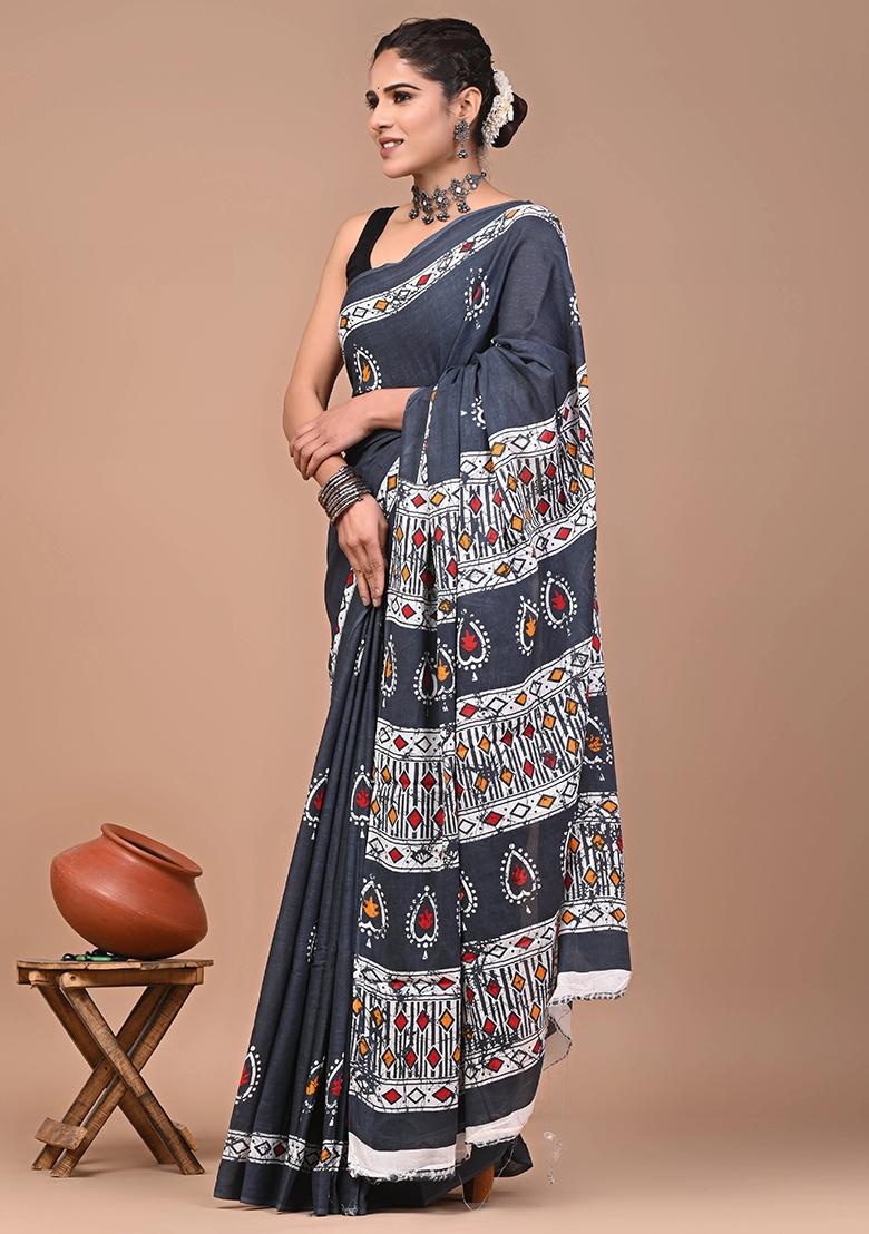 Blue Printed Linen Saree Set - Indya