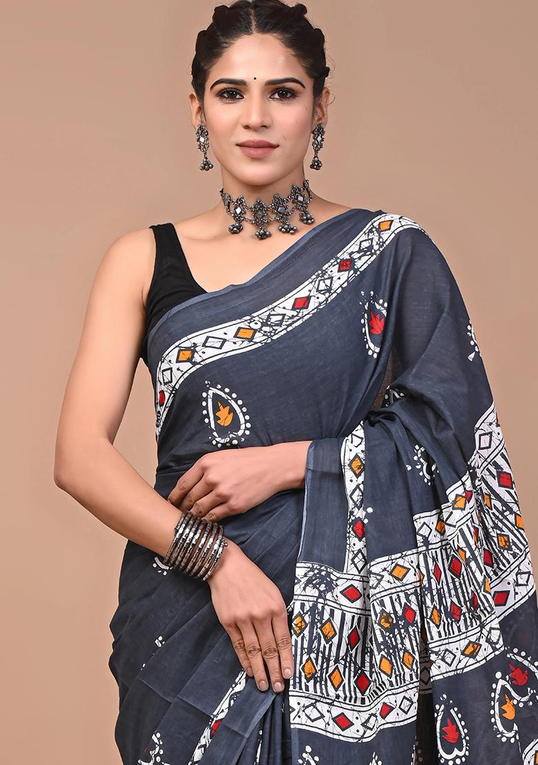 Blue Printed Linen Saree Set - Indya