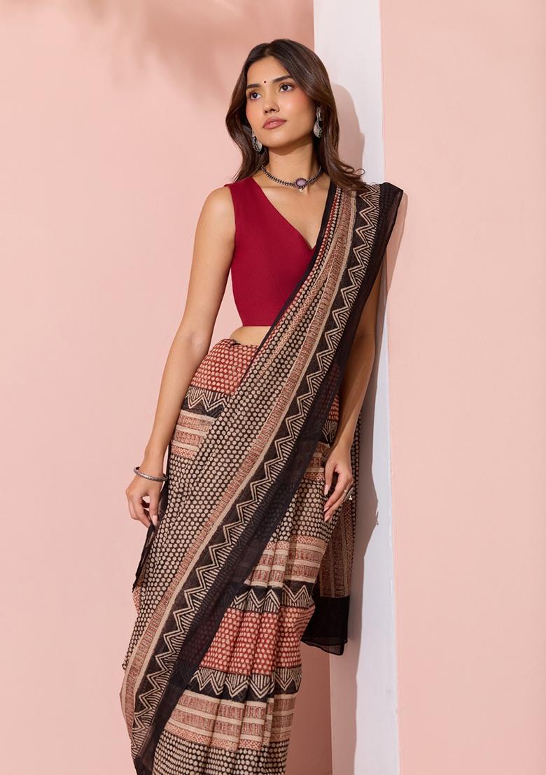 Multicolor Printed Linen Saree Set - Indya