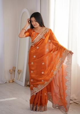Orange Embroidery Silk Saree Set