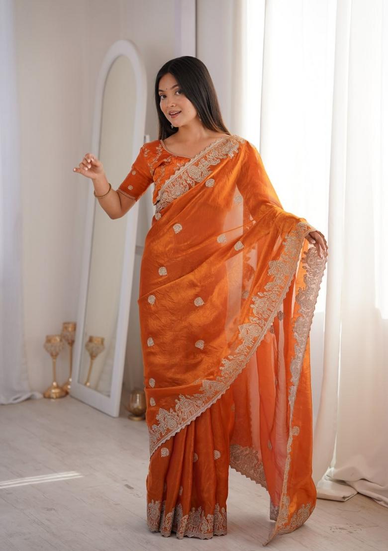 Orange Embroidery Silk Saree Set - Indya