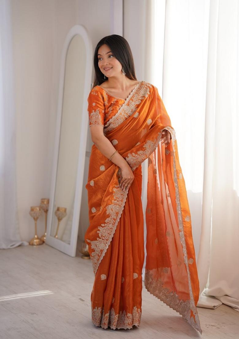 Orange Embroidery Silk Saree Set - Indya