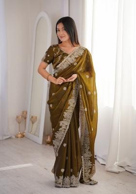 Mehendi Green Embroidery Silk Saree Set