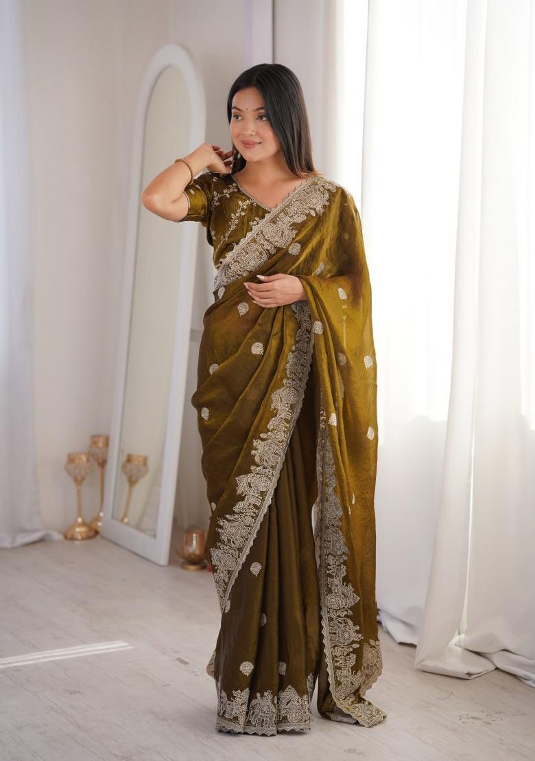 Mehendi Green Embroidery Silk Saree Set - Indya