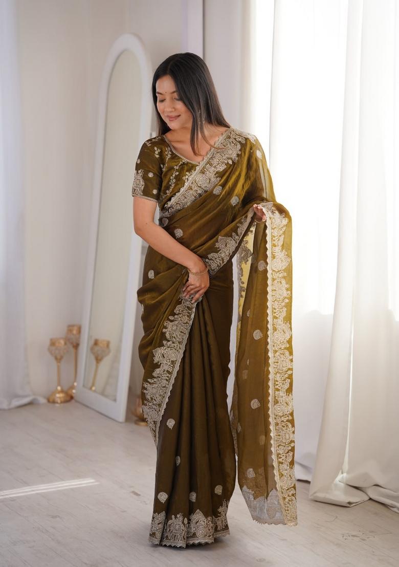 Mehendi Green Embroidery Silk Saree Set - Indya