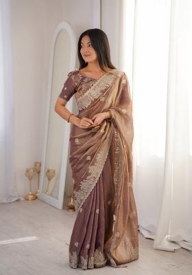 Onion Pink Embroidery Silk Saree Set