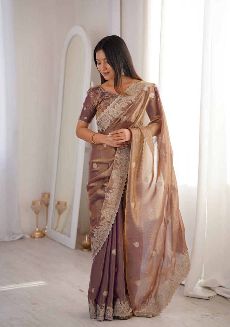 Onion Pink Embroidery Silk Saree Set - Indya