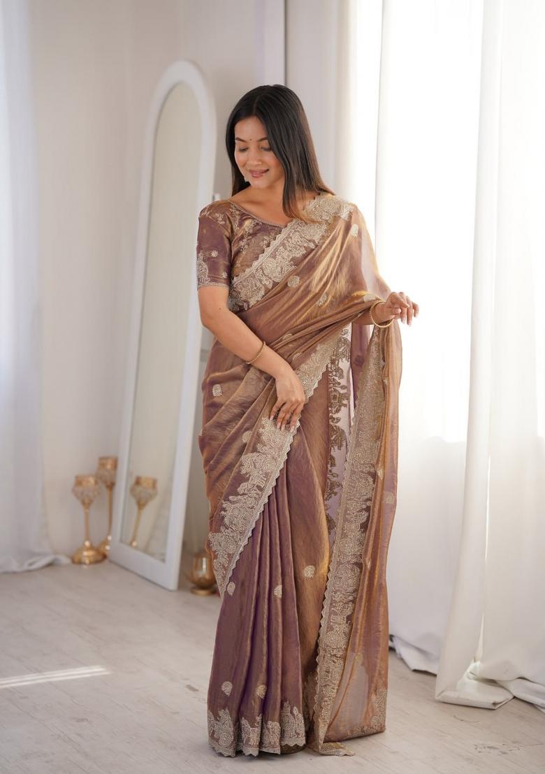 Onion Pink Embroidery Silk Saree Set - Indya