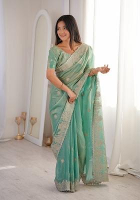 Sky Blue Embroidery Silk Saree Set