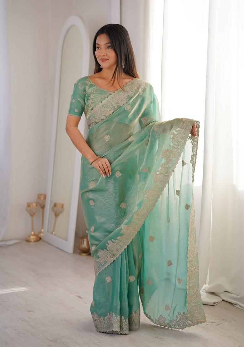Sky Blue Embroidery Silk Saree Set - Indya