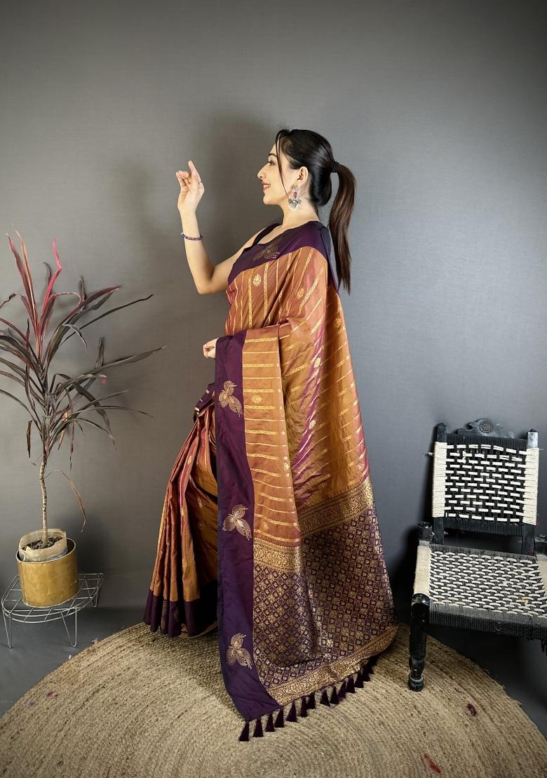 Brown Weaving Work Silk Saree Set - Indya