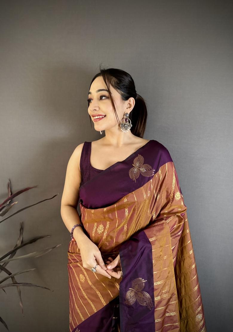 Brown Weaving Work Silk Saree Set - Indya