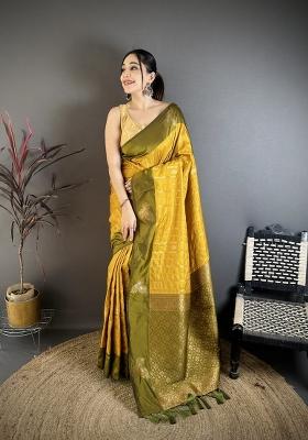Mustard Weaving Work Silk Saree Set