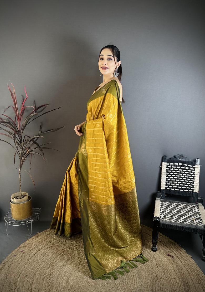 Mustard Weaving Work Silk Saree Set - Indya