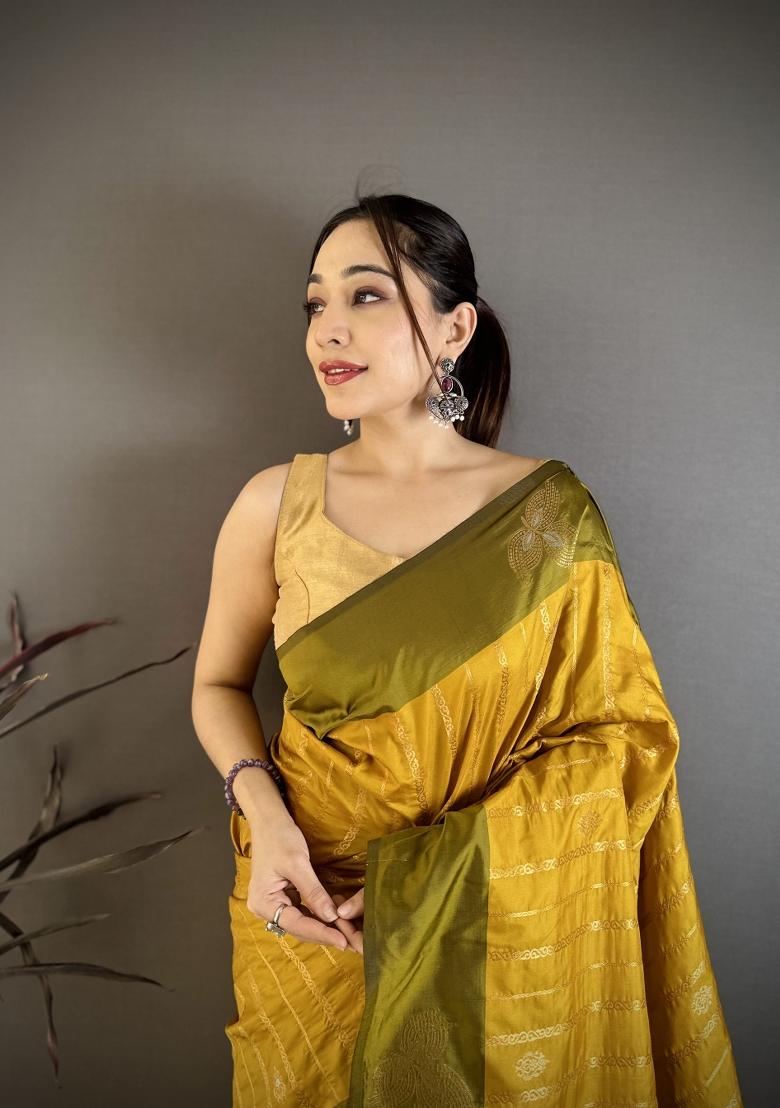 Mustard Weaving Work Silk Saree Set - Indya