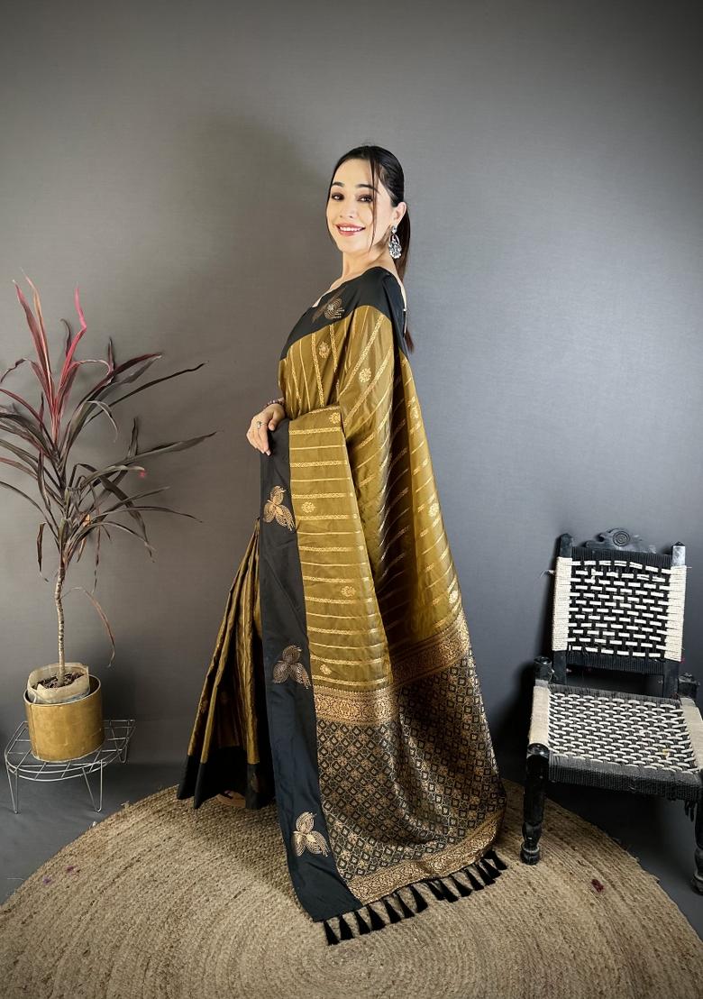 Olive Green Weaving Work Silk Saree Set - Indya